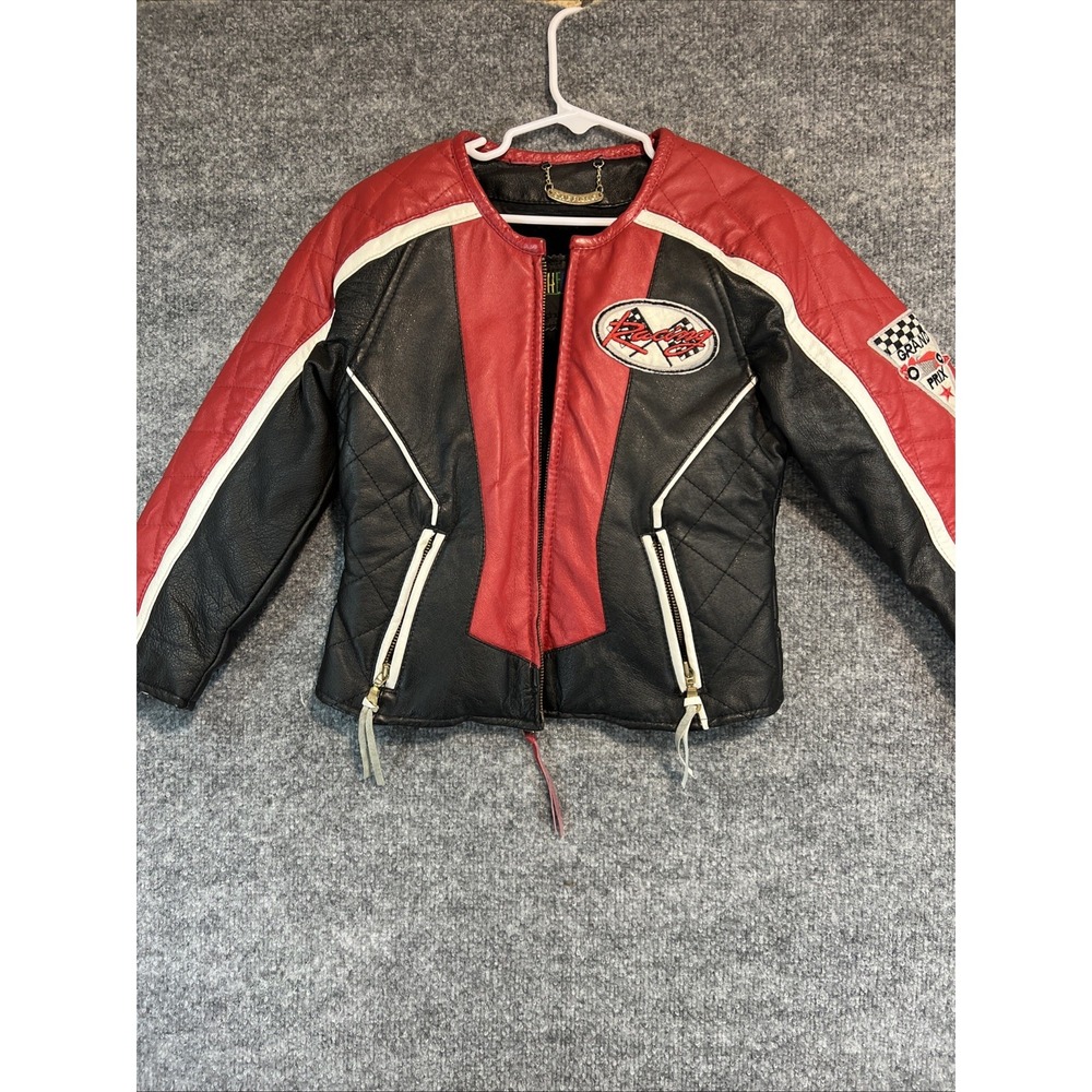 Vintage 80s/90s Shebang USA Kids Leather Racing Jacket Moto Black Red Sz S (4)